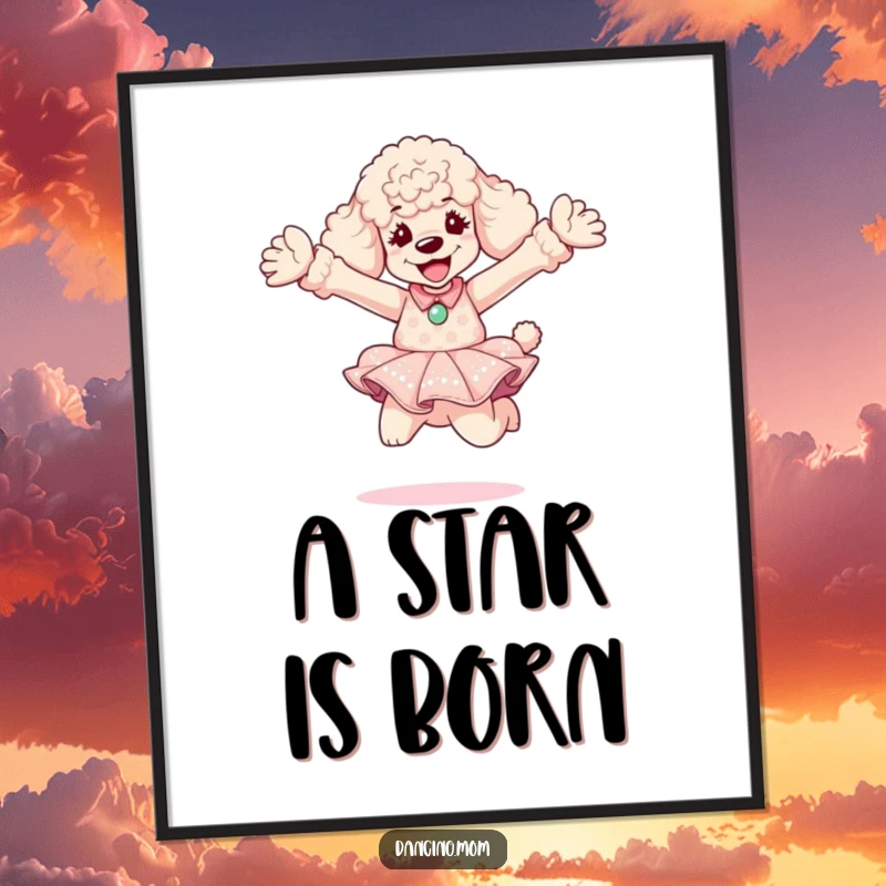 Funny Poodle Diva Digital Art Print: A poodle in a dazzling dress performs a joyful leap, offering instant cheer and artistic flair.