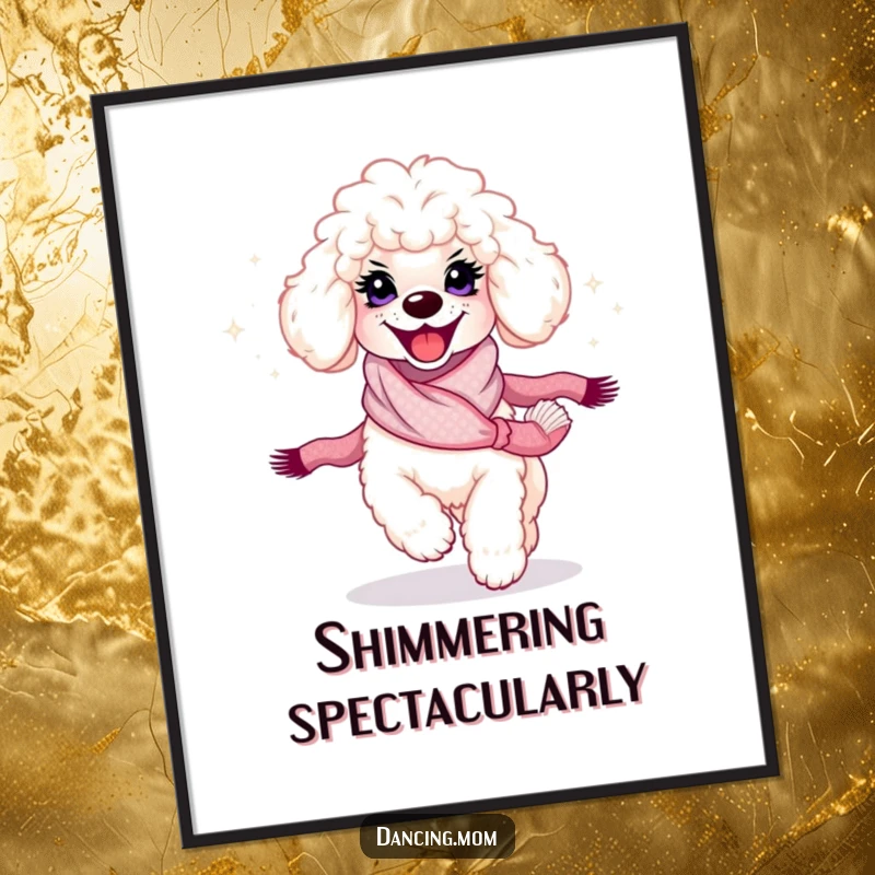 Funny Poodle Twirl Digital Art Print: A poodle with a radiant smile spins with a shimmering scarf, bringing instant glamour.