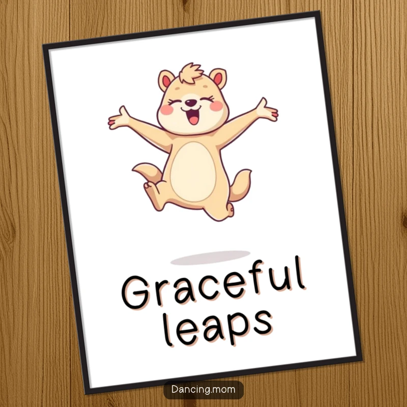Funny digital art print of a dancing mom animal in a graceful leap, arms outstretched, full of life and energy.