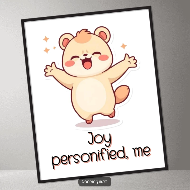 Funny digital art print of a kawaii dancing animal spinning with arms outstretched, capturing pure joy and movement.