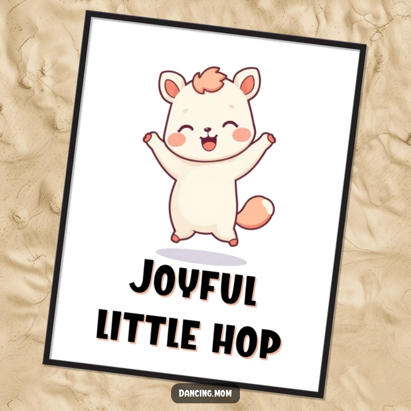 Funny digital art print of a kawaii dancing animal doing a playful hop with a radiant happy expression.