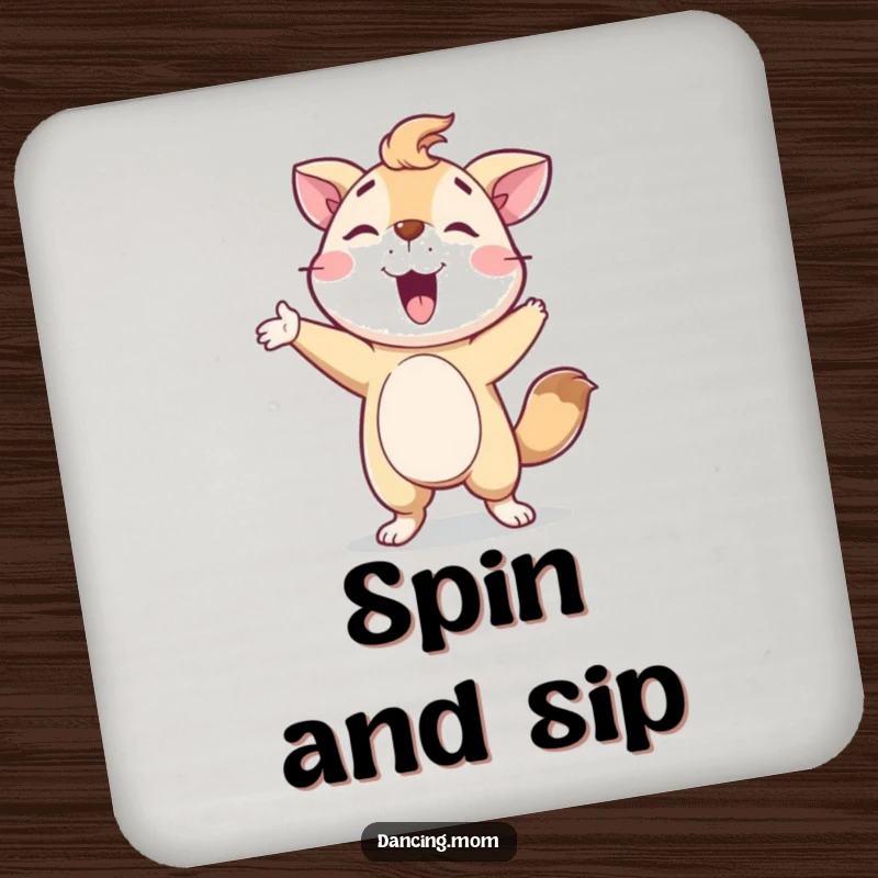 Funny Coaster: A delighted animal character striking a proud pose after a spin, protecting surfaces with style.