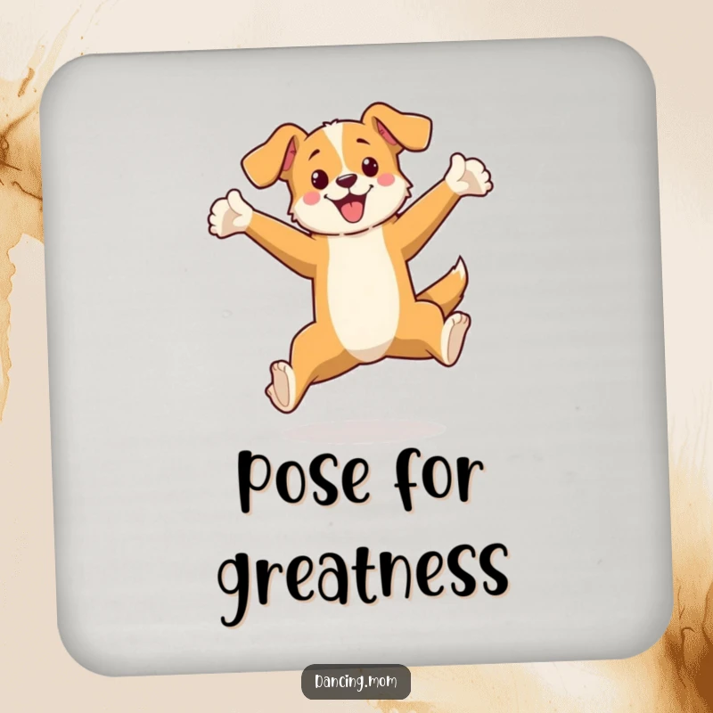 Funny drink coaster with a dog in an elegant leaping pose, adding a touch of humorous sophistication to beverage service.