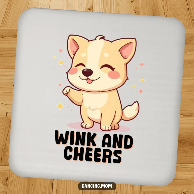 Funny dog coaster featuring a dog winking playfully during a dance, protecting surfaces with humorous charm.