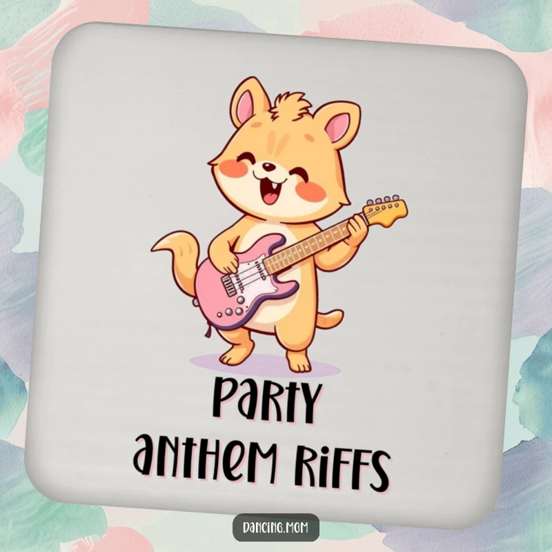 Funny drink coaster with a kawaii animal design, depicted playing air guitar with enthusiastic flair, protecting surfaces.