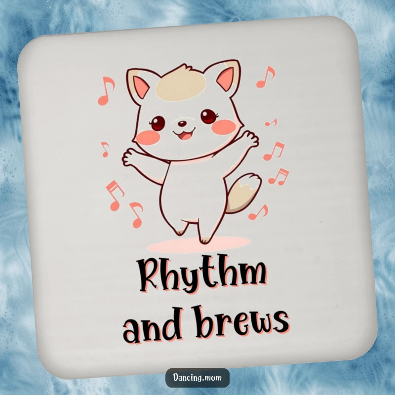 Funny drink coaster featuring a kawaii dancing animal with feet in motion, surrounded by musical notes, offering protection.