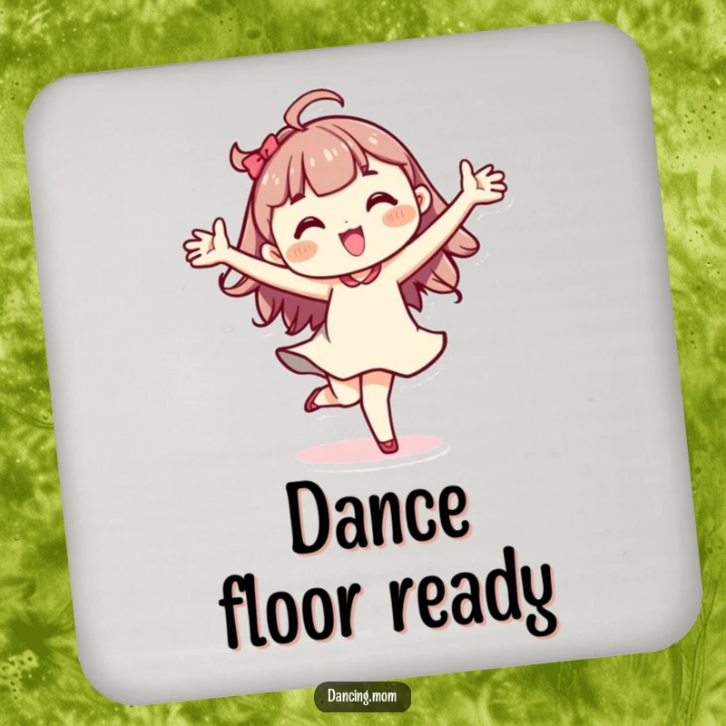 Funny Kawaii dancer drink coaster featuring a character mid-pirouette, arms wide, protecting tables.