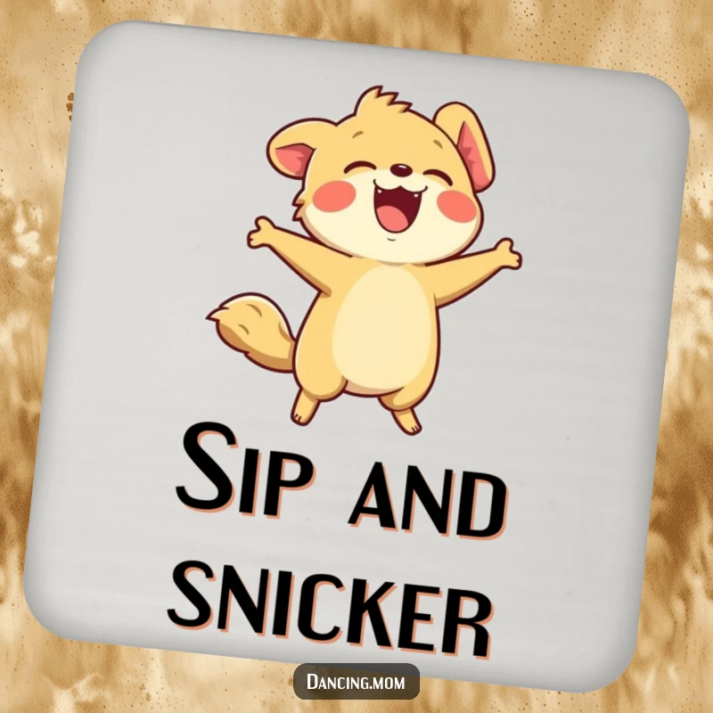 Funny drink coaster with a kawaii animal design, captured laughing heartily with its head thrown back in pure merriment.