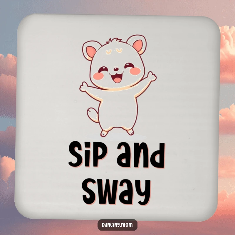 Funny Kawaii Shimmy Coaster: A Kawaii animal does a happy shimmy with a delighted grin, protecting your surfaces with humor.