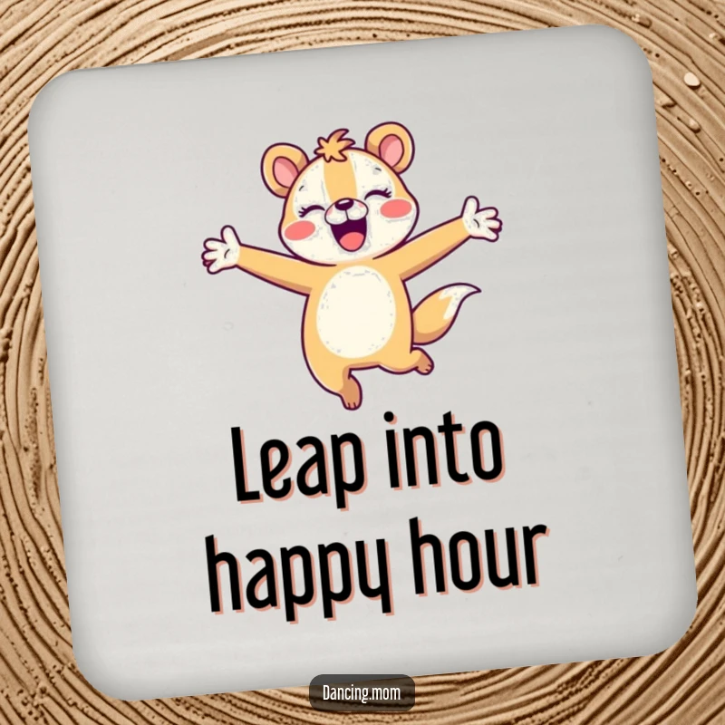 Funny animal character joyfully leaping with arms outstretched, featured on a protective drink coaster.