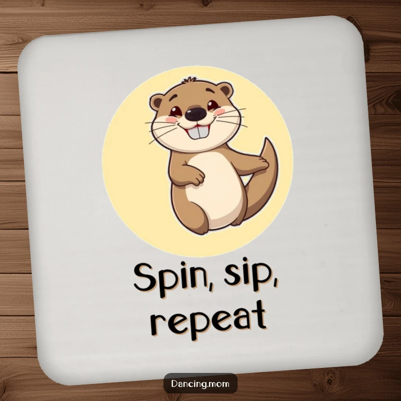 Funny drink coasters featuring a cheerful otter spinning in circles with a goofy, happy grin, for protecting tabletops.