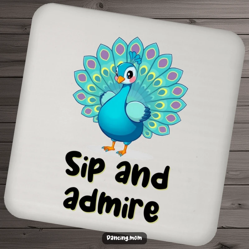 Funny Peacock drink coasters showcasing a playful bird fanning its tail feathers in a dance, protecting surfaces with vibrant humor.