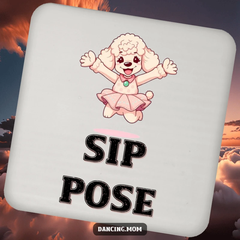 Funny Poodle Diva Coaster: A poodle in a glamorous dress performs an energetic leap, a stylish and humorous addition to any table.