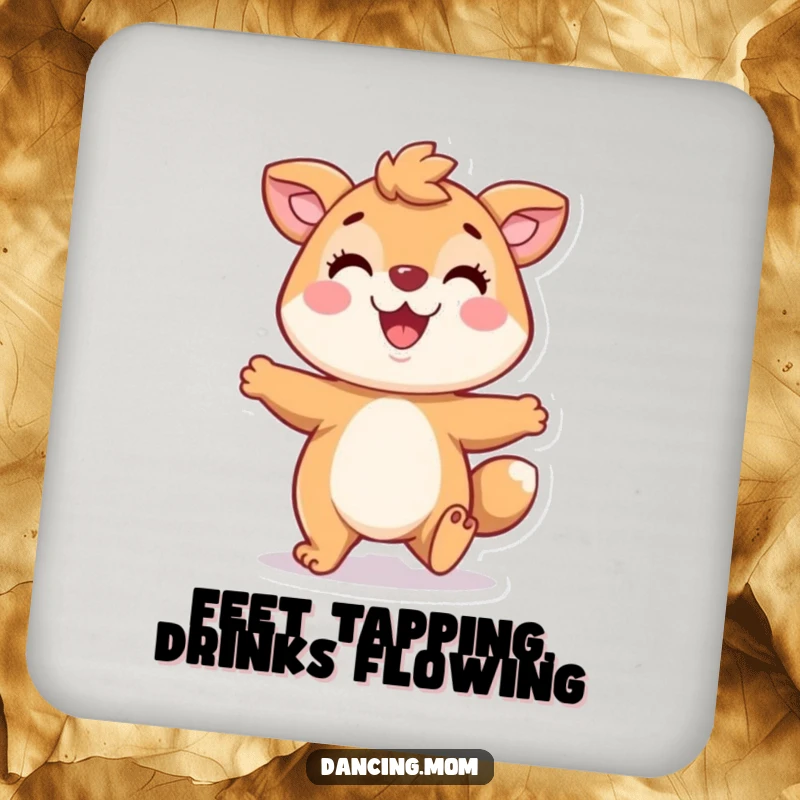 Funny coaster set with a playful animal character tapping its feet and smiling, adding a touch of happy rhythm to your tabletop.