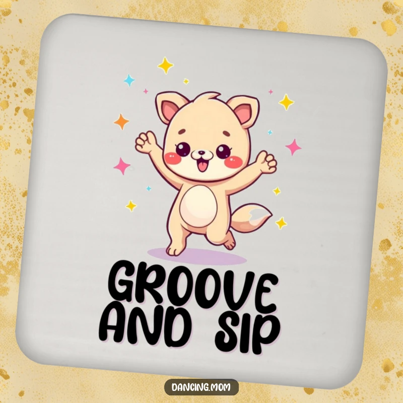 Funny animal character energetically grooving under disco lights, featured on a protective drink coaster.