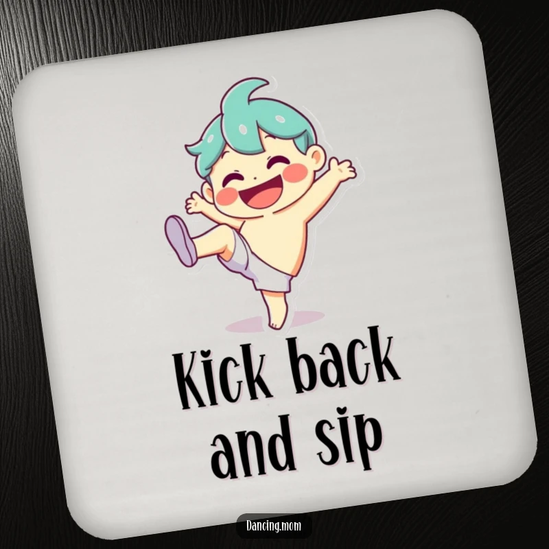 Funny Coaster: Playful character doing a silly kick with a huge smile, a practical and funny gift for cheerful protection.