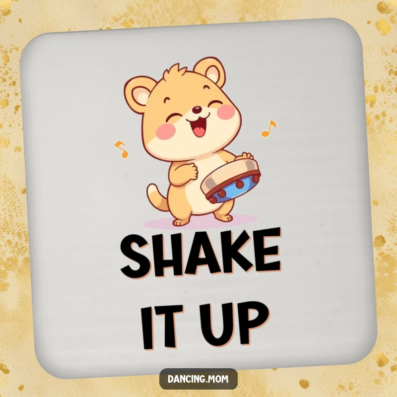 Funny animal character playing a tambourine with infectious rhythm, printed on a drink coaster for a musical touch.