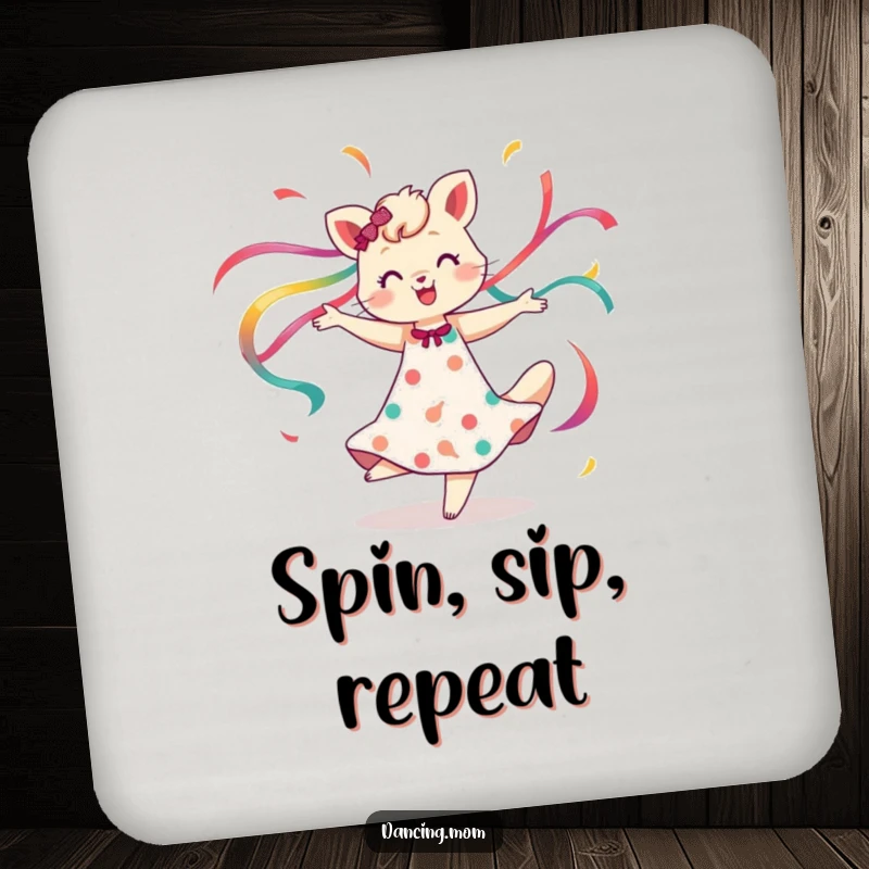 Funny coaster set with dancing mom animals spinning with flowing ribbons, adding elegance and fun to surfaces, a beautiful funny gift.