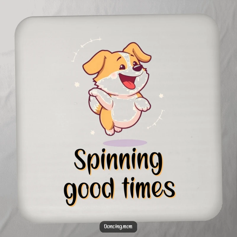 Funny dog coaster featuring a dog spinning with visible delight, a blur of energetic motion to protect surfaces humorously.