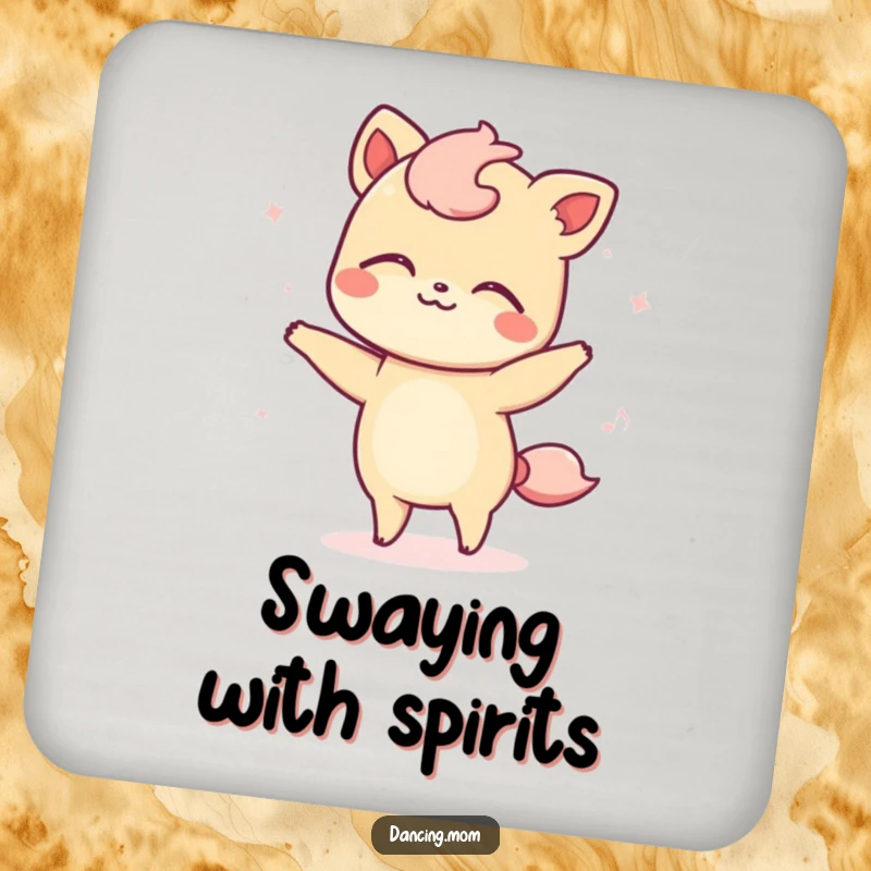Funny drink coaster featuring a kawaii dancing animal swaying blissfully, eyes closed, offering protection with calm.
