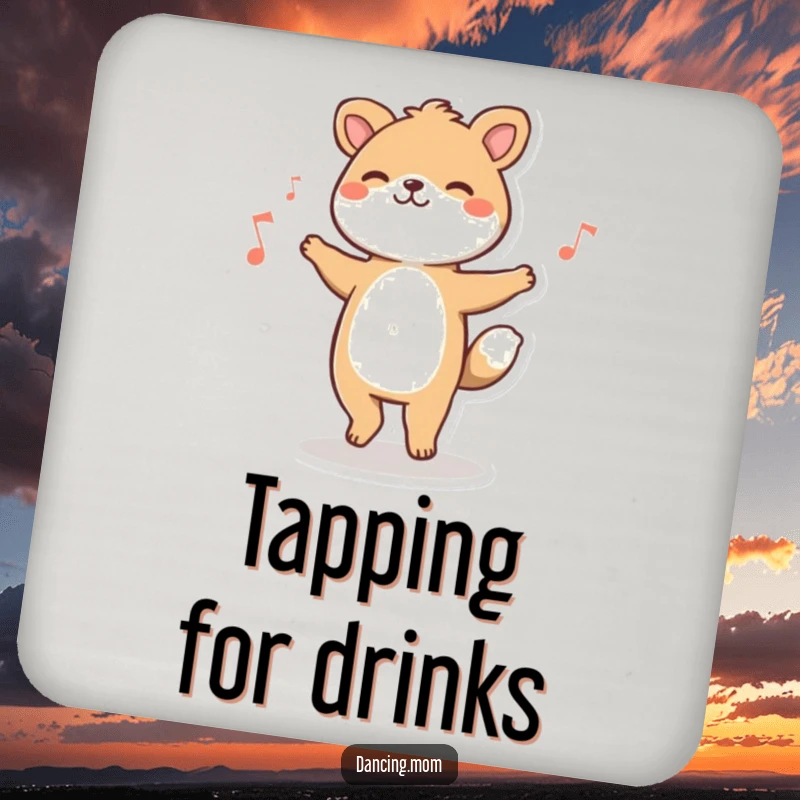 Funny animal character happily tapping its feet to music, featured on a protective drink coaster.
