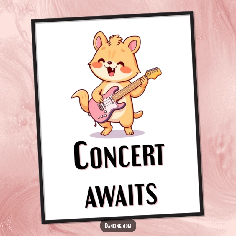 Funny poster featuring a kawaii animal playing air guitar with intense enthusiasm and dynamic flair, evoking a rock concert feel.