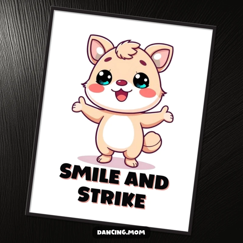 Funny poster art of a kawaii dancing animal with a massive smile, striking a confident and playful pose.