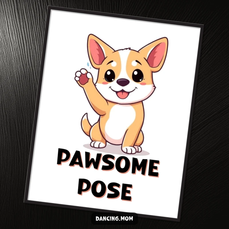 Funny poster showing a dog in a playful pose with one paw raised high, celebrating energy and fun.