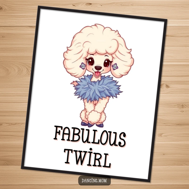 Funny poster showcasing a sophisticated poodle with sparkly earrings, gracefully twirling with a feathered boa, adding elegance.