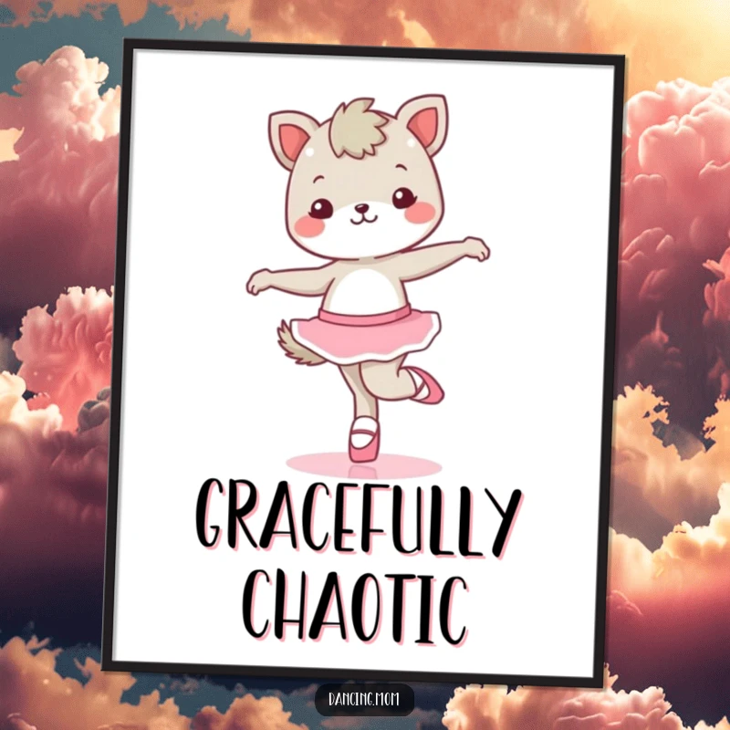 Funny kawaii dancing animal character mid-twirl, wearing ballet shoes, presented as a vibrant and humorous art poster.