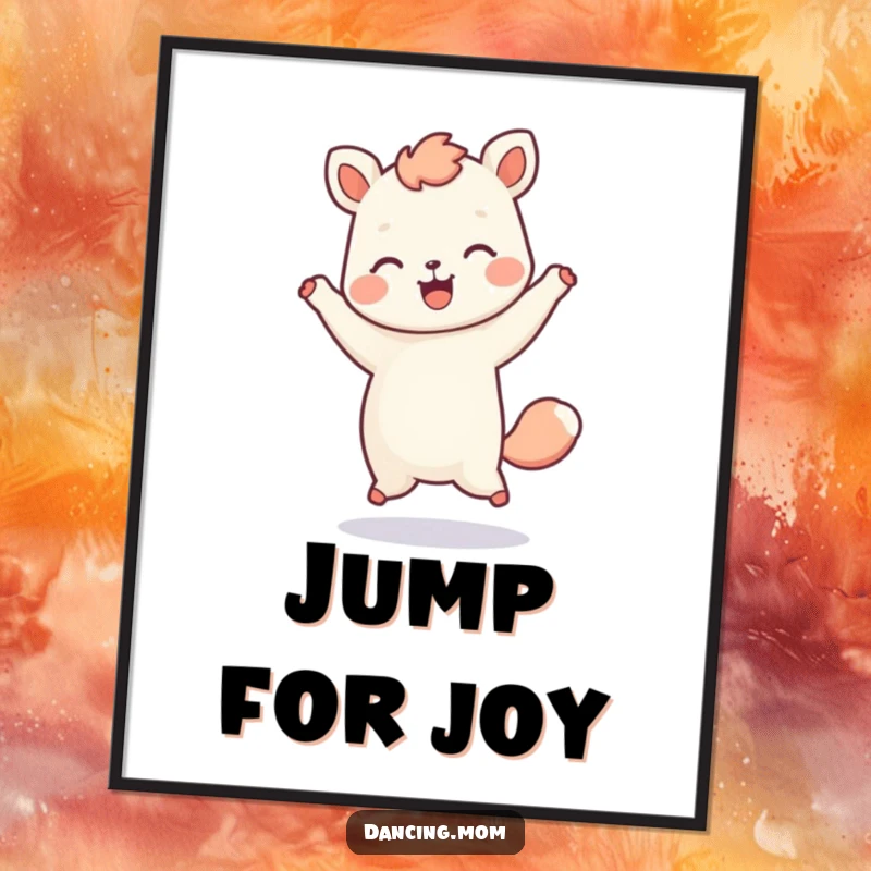 Funny poster art of a kawaii dancing animal doing a playful hop with a beaming, happy expression and energetic movement.