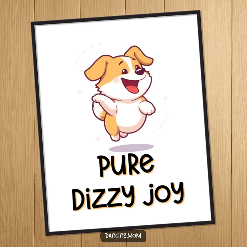 Funny dog poster featuring a dog spinning with visible delight, a blur of energetic motion that captures pure happiness.