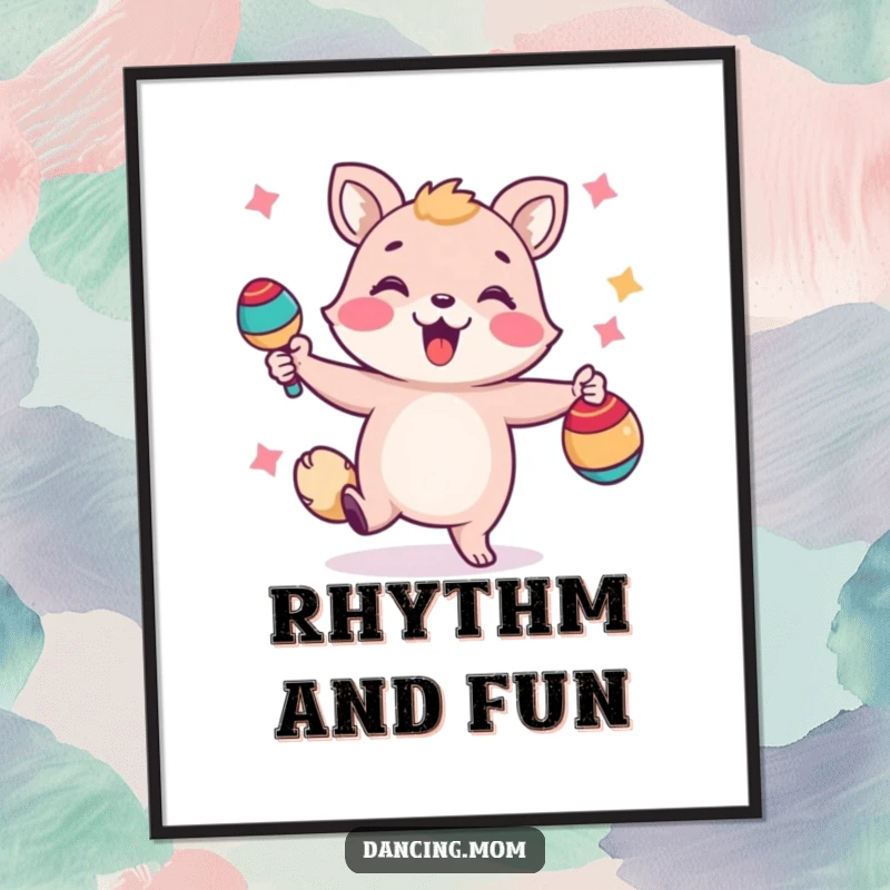 Funny poster depicting a cheerful animal joyfully shaking maracas, perfect for adding a vibrant and festive vibe.