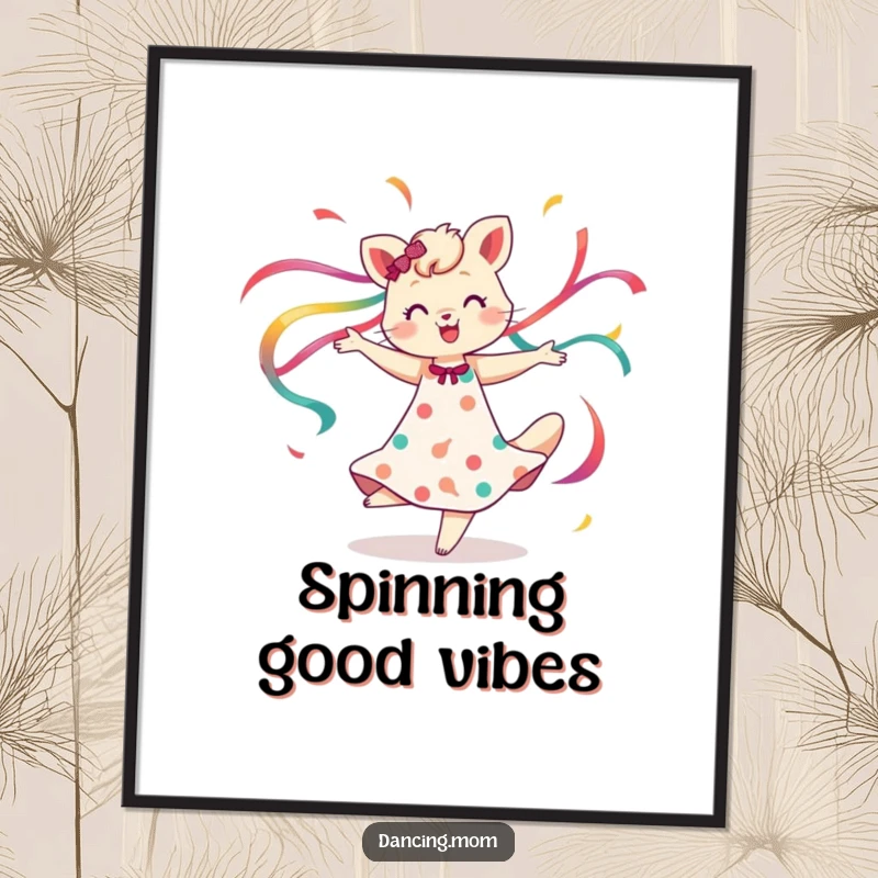 Funny poster print of a dancing mom animal spinning with ribbons flowing, creating a dynamic and colorful display, a beautiful funny gift.