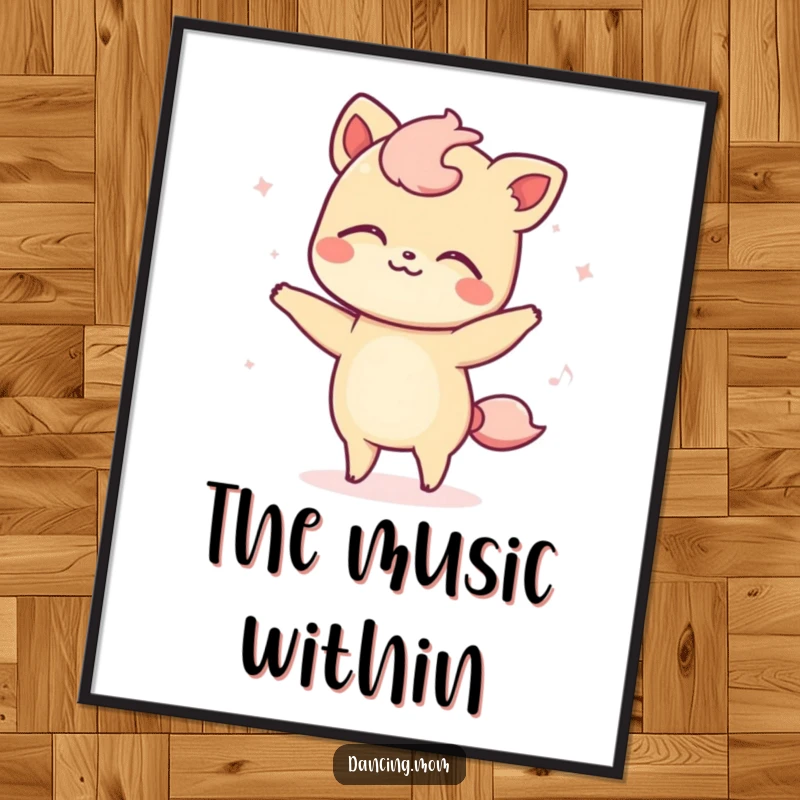 Funny poster art of a kawaii dancing animal swaying with eyes closed, lost in the bliss of an unheard rhythm.