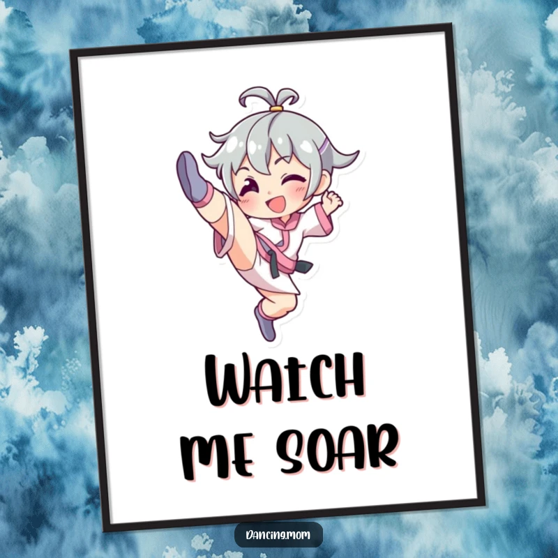 Funny poster print of a smiling character mid-high kick, capturing a moment of athletic grace and pure elation.