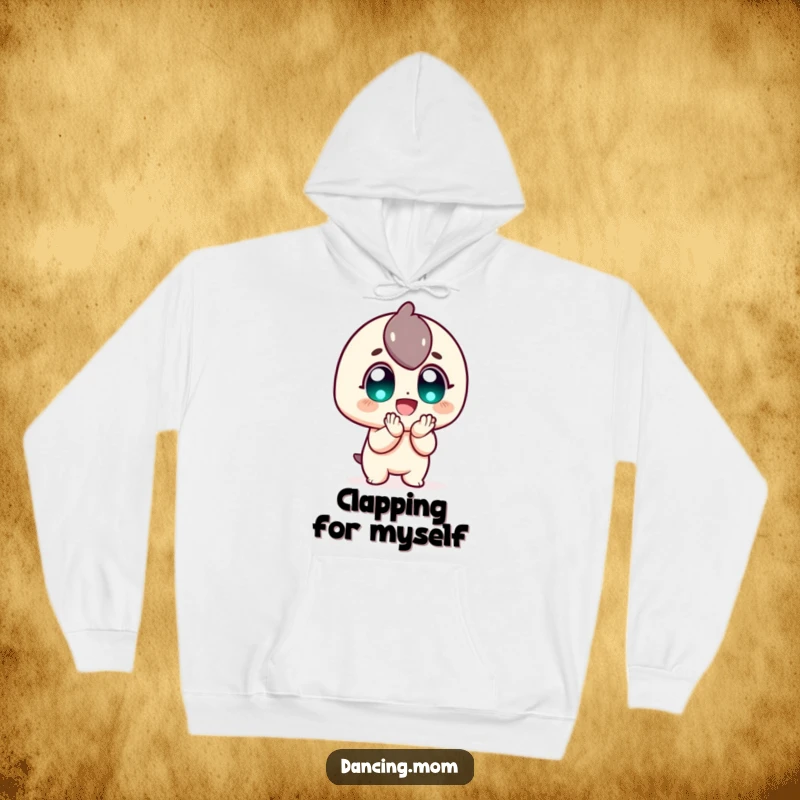 Funny Hoodie: Joyful character enthusiastically clapping with wide eyes, a warm and funny gift for ultimate comfort and cheer.