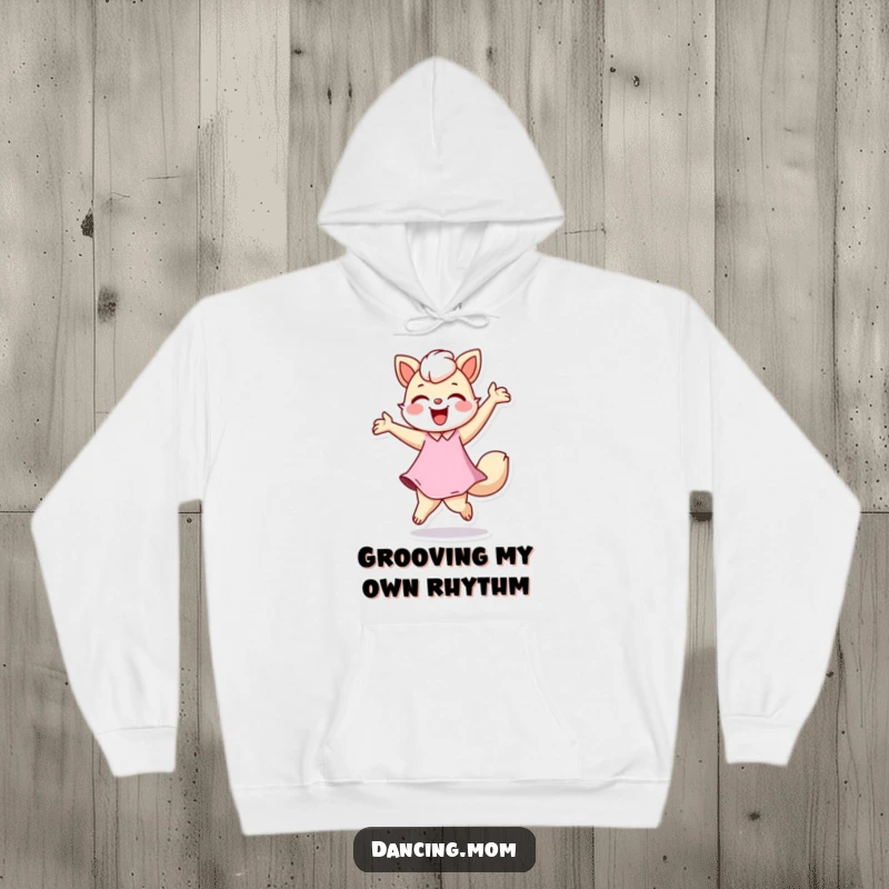 Funny hoodie showcasing a dancing mom animal in a joyful twirl, with a bright, happy expression, perfect funny gift for cozy comfort.