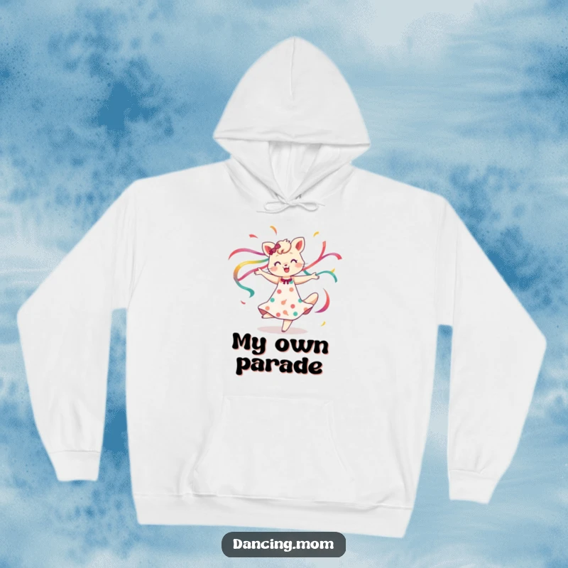 Funny hoodie with a dancing mom animal spinning with colorful ribbons flowing, comfortable and visually striking, a cozy funny gift.