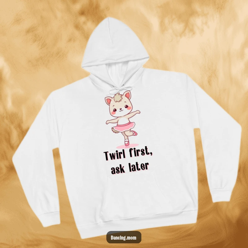 Funny kawaii dancing animal character in ballet shoes, twirling with joy, printed on a soft, warm hoodie.