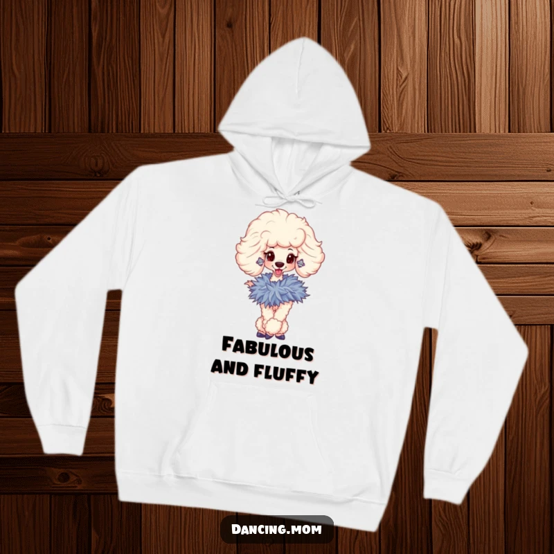 Funny hoodie featuring a sophisticated poodle with sparkly earrings, twirling with a stylish feathered boa, exuding elegance.