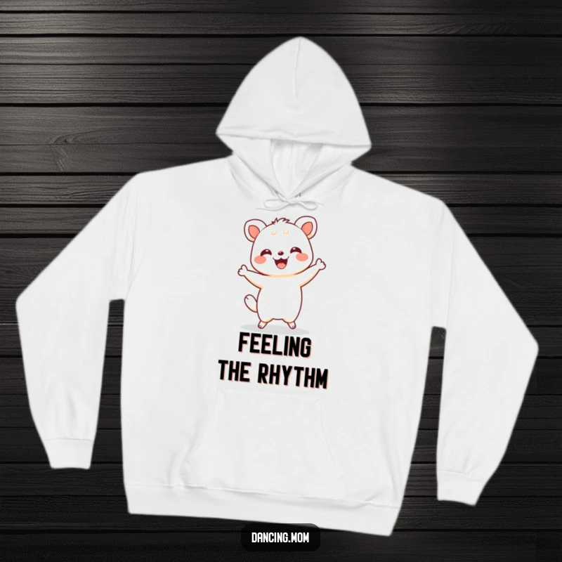Funny Kawaii Shimmy Hoodie: A cute Kawaii animal does a happy dance shimmy, radiating infectious joy and a delighted grin.