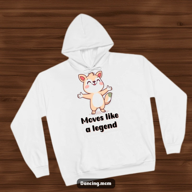 Funny stylized animal character dancing with arms wide, a comfortable and humorous hoodie design.