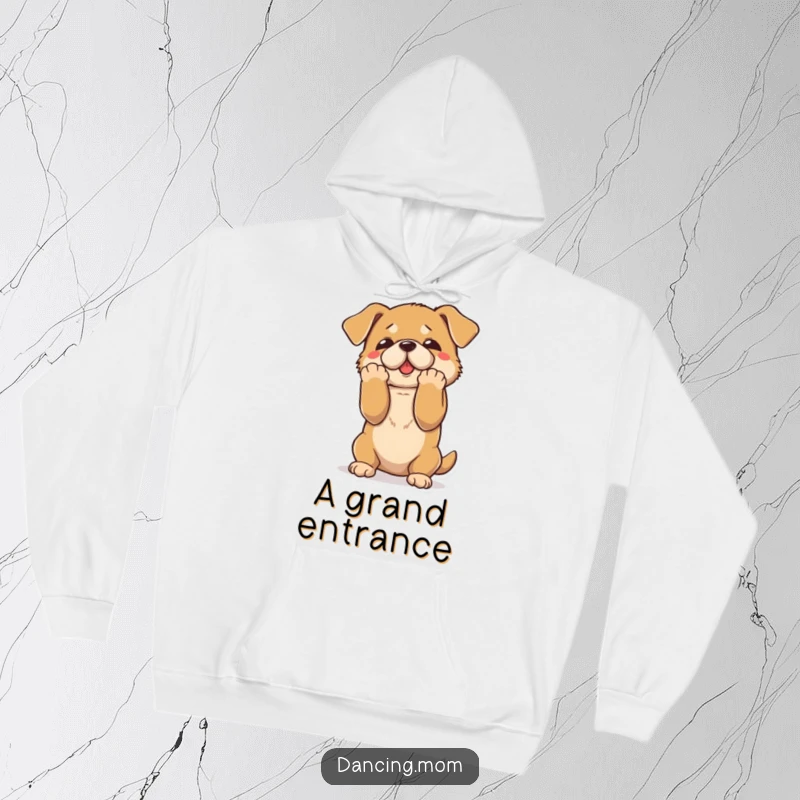 Funny hoodie depicting a dog taking a dramatic, theatrical bow with a flourish of its paws, ready for applause.