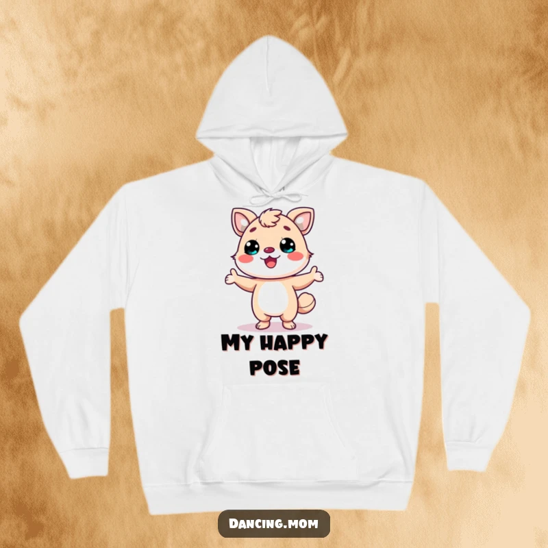 Funny hoodie with a kawaii dancing animal striking a fun pose, wearing a wide smile, radiating pure happiness.