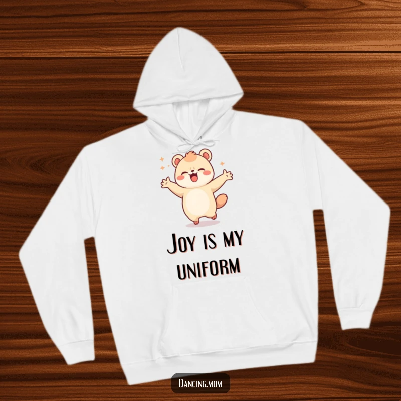 Funny hoodie with a kawaii dancing animal spinning arms wide in ecstatic joy, perfect for spreading warmth and laughter.