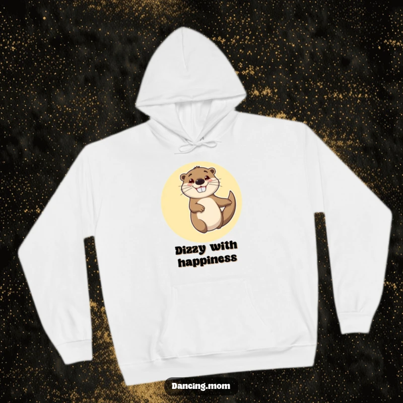 Funny hoodie featuring a cheerful otter spinning in circles with a goofy, happy grin, offering cozy joy.