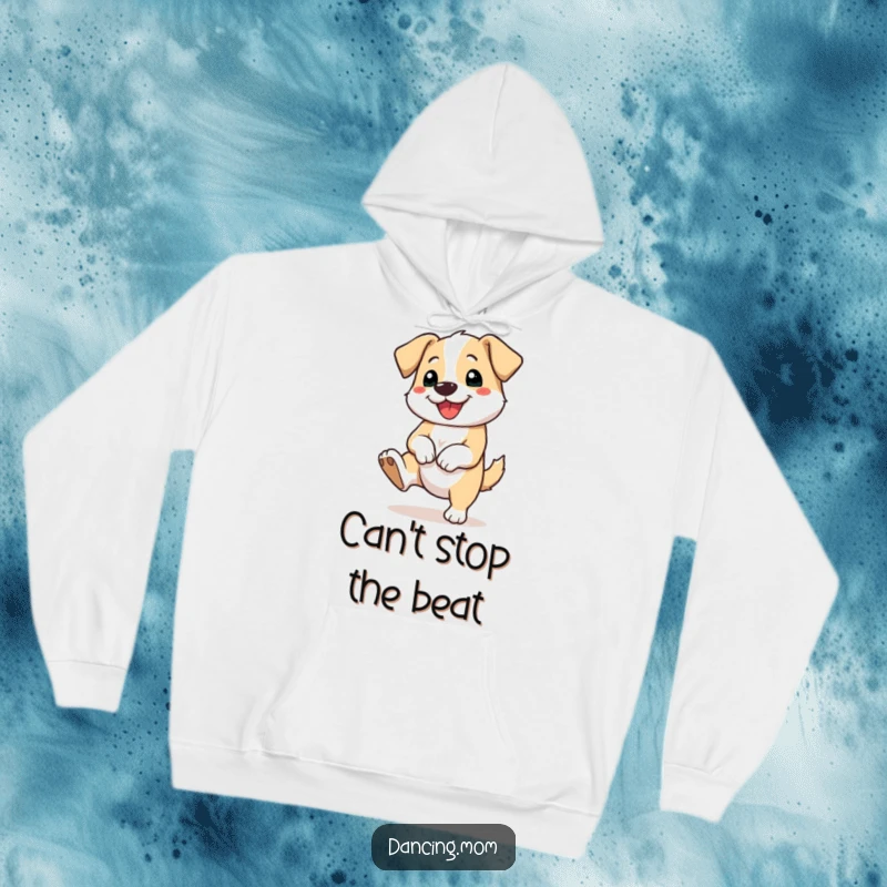 Funny hoodie illustrating a dog enthusiastically tapping its foot with a wide, happy smile, celebrating musical joy.