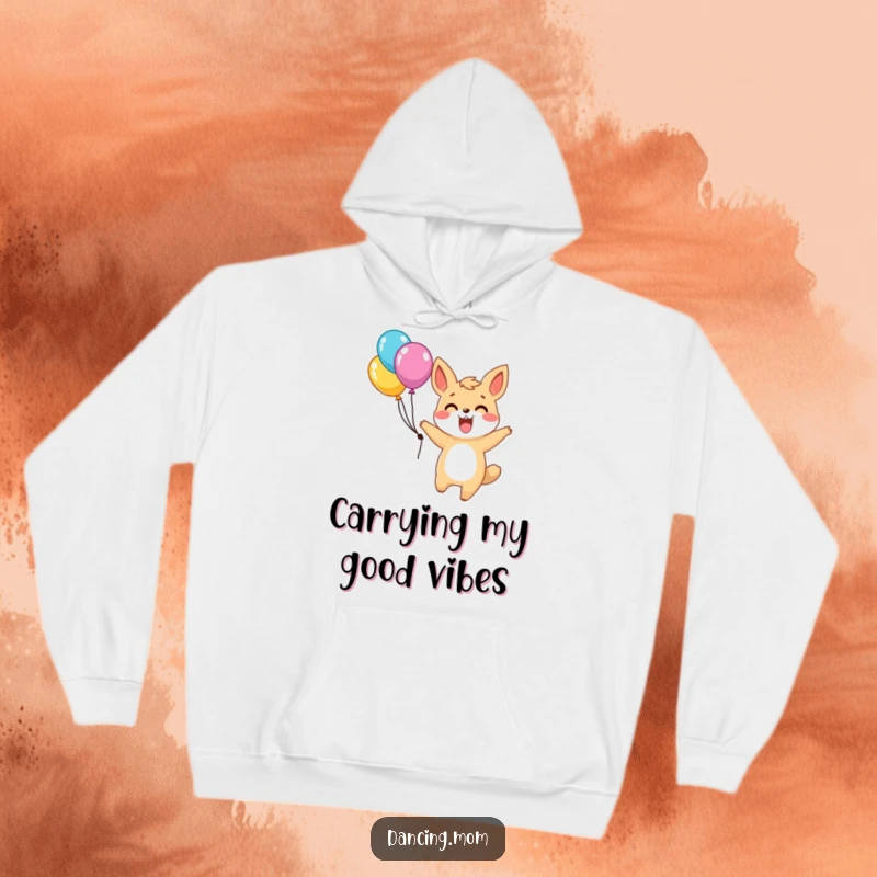 Funny hoodie depicting an excited animal character joyfully twirling with balloons, exuding happiness and a festive, celebratory mood.