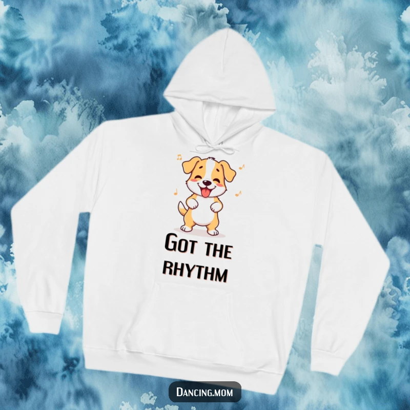 Funny dog hoodie showing a dog wiggling its hips with a happy, infectious rhythm, perfect for cozy and humorous vibes.